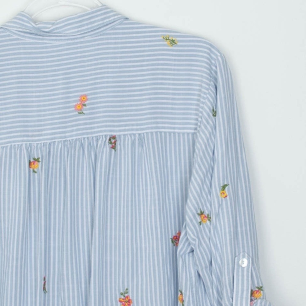 Jane +‎ Delancey Womens Striped Floral Embroidered Shirt Size 1X Blue Roll Tab - Picture 8 of 8